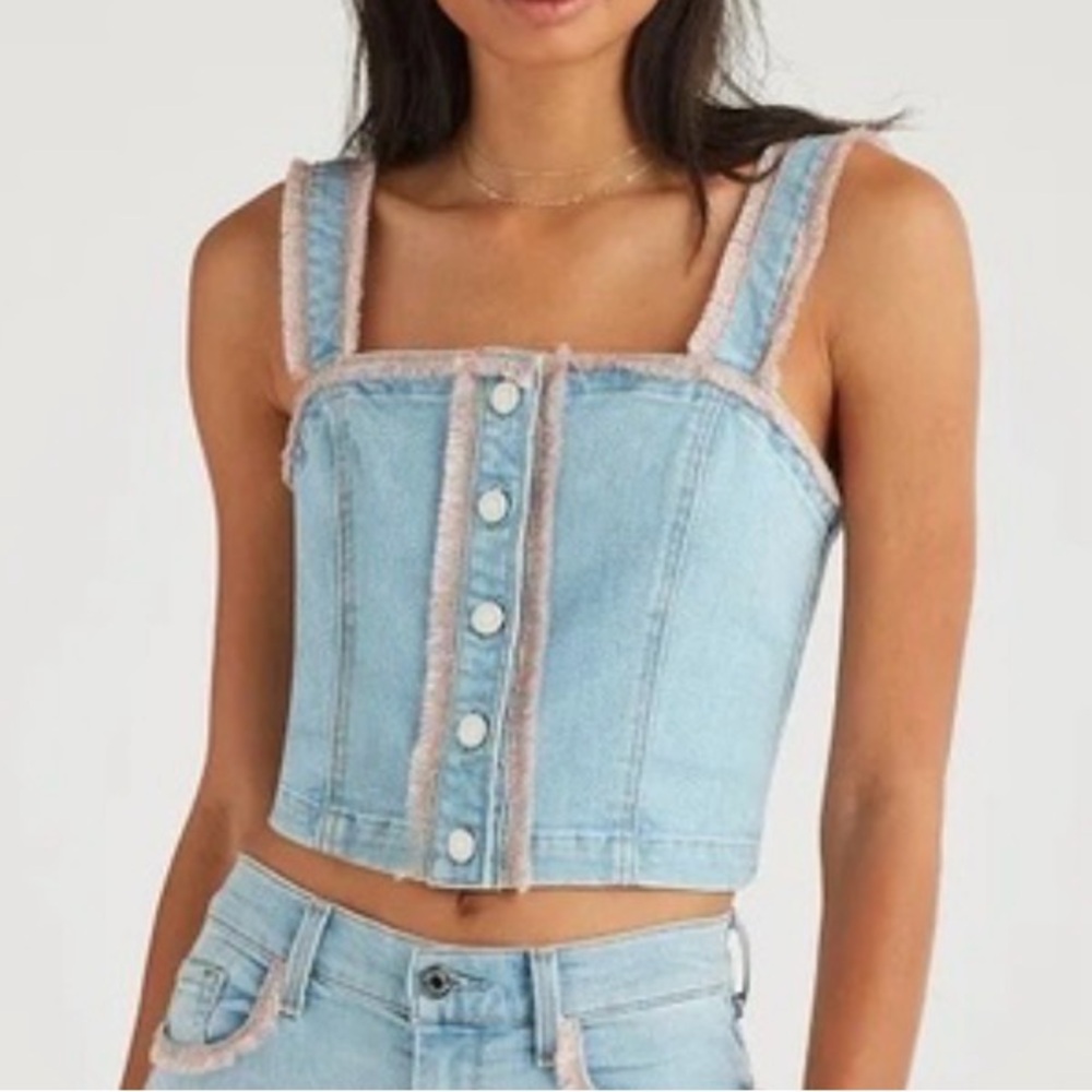 7 For All Mankind Light Blue Denim Cropped Tank with Pink Frayed Trim